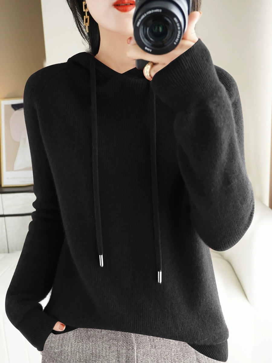 Women Autumn Casual Pure Color Hooded Sweater