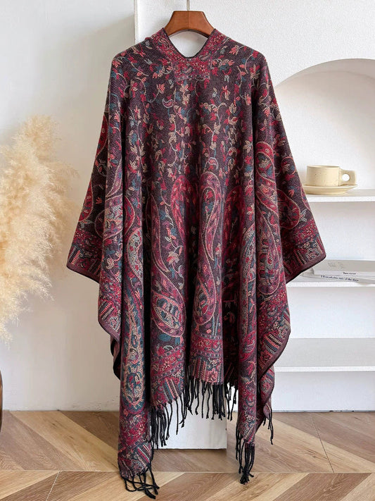 Women Winter Ethnic Flower Tassel Shawl Scarf