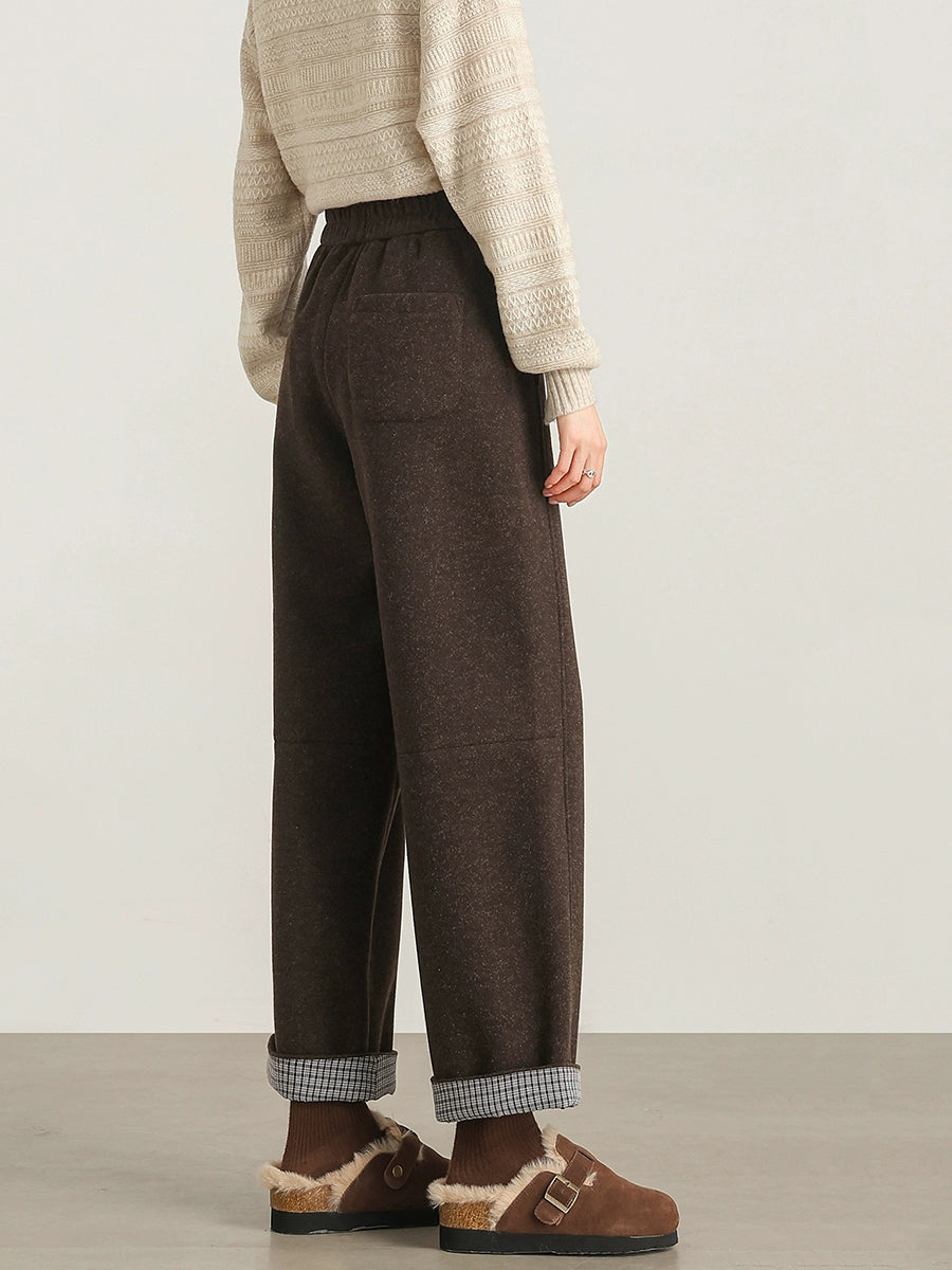 Plus Size Women Winter Casual Pure Color Fleece-lined Straight Pants