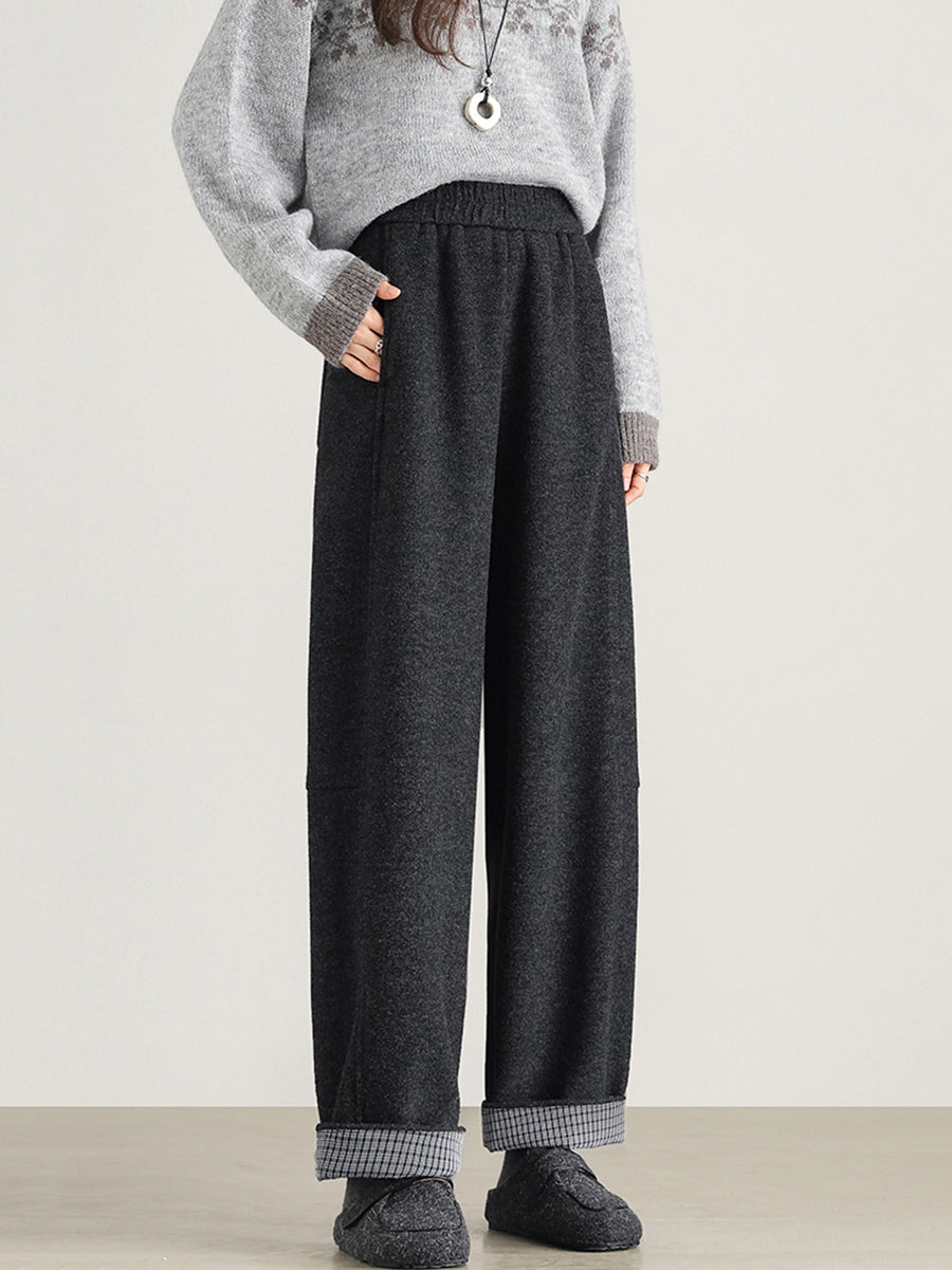 Plus Size Women Winter Casual Pure Color Fleece-lined Straight Pants