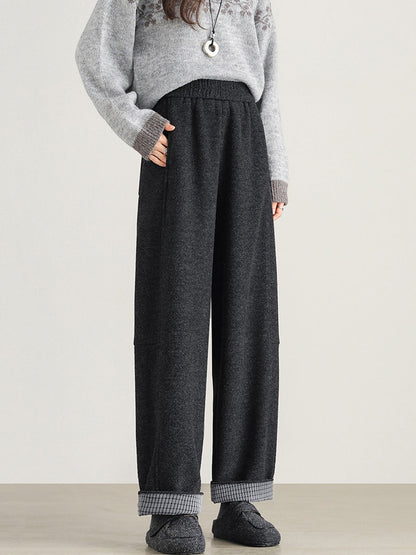 Plus Size Women Winter Casual Pure Color Fleece-lined Straight Pants