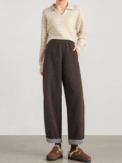 Plus Size Women Winter Casual Pure Color Fleece-lined Straight Pants