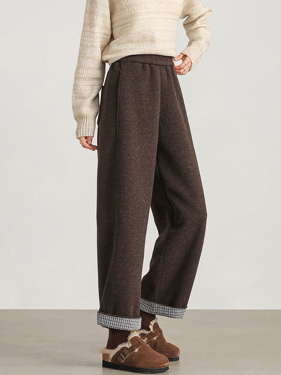 Plus Size Women Winter Casual Pure Color Fleece-lined Straight Pants