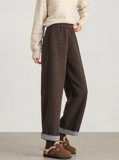 Plus Size Women Winter Casual Pure Color Fleece-lined Straight Pants