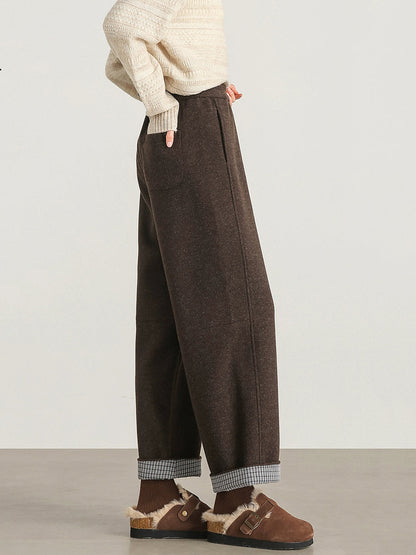 Plus Size Women Winter Casual Pure Color Fleece-lined Straight Pants