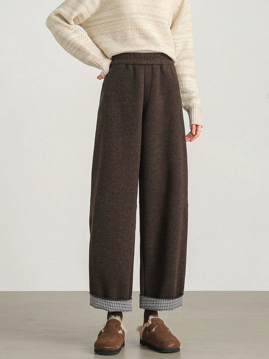 Plus Size Women Winter Casual Pure Color Fleece-lined Straight Pants