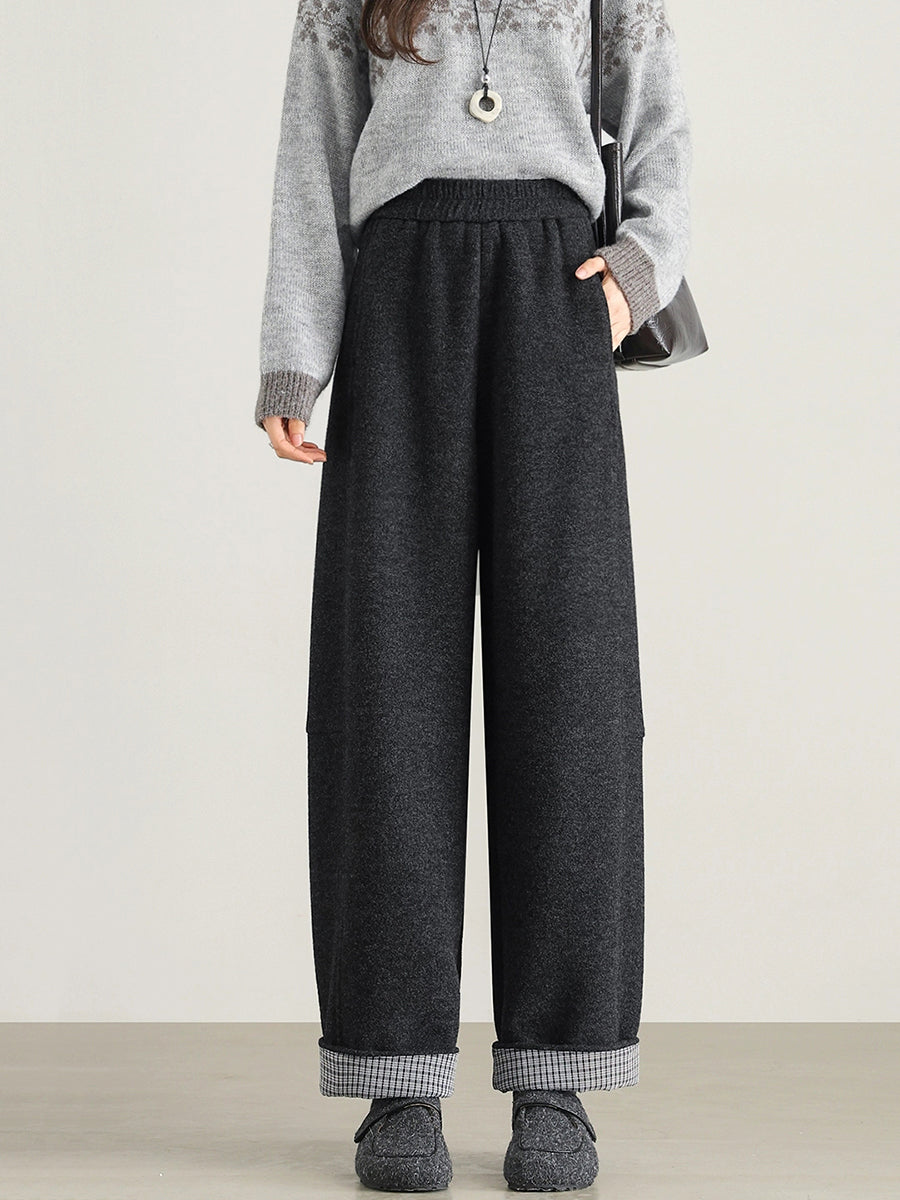 Plus Size Women Winter Casual Pure Color Fleece-lined Straight Pants