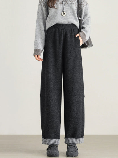 Plus Size Women Winter Casual Pure Color Fleece-lined Straight Pants