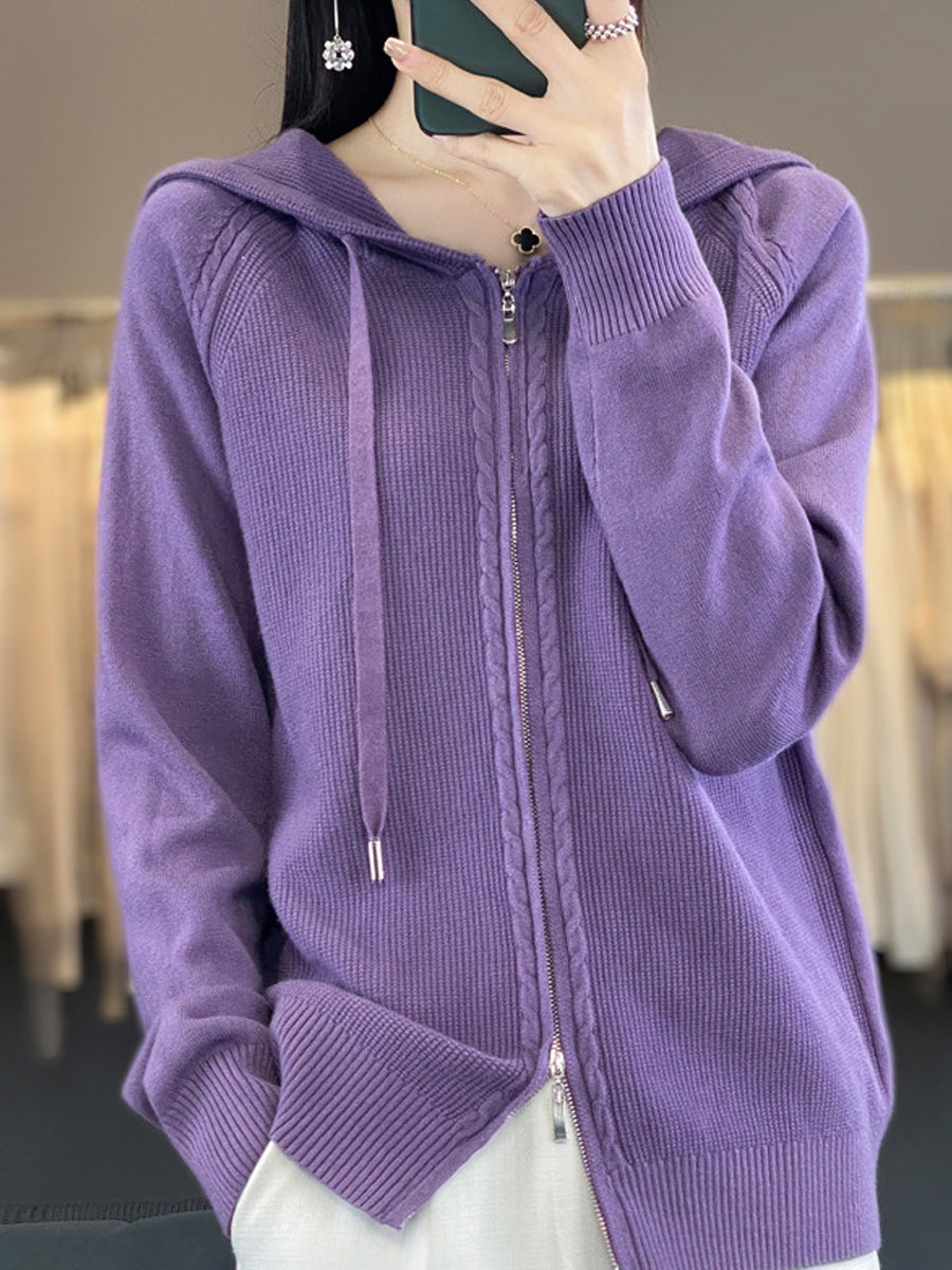 Women Autumn Casual Pure Color Hooded Sweater
