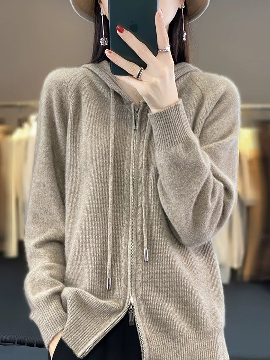 Women Autumn Casual Pure Color Hooded Sweater