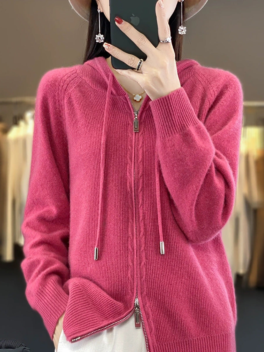 Women Autumn Casual Pure Color Hooded Sweater