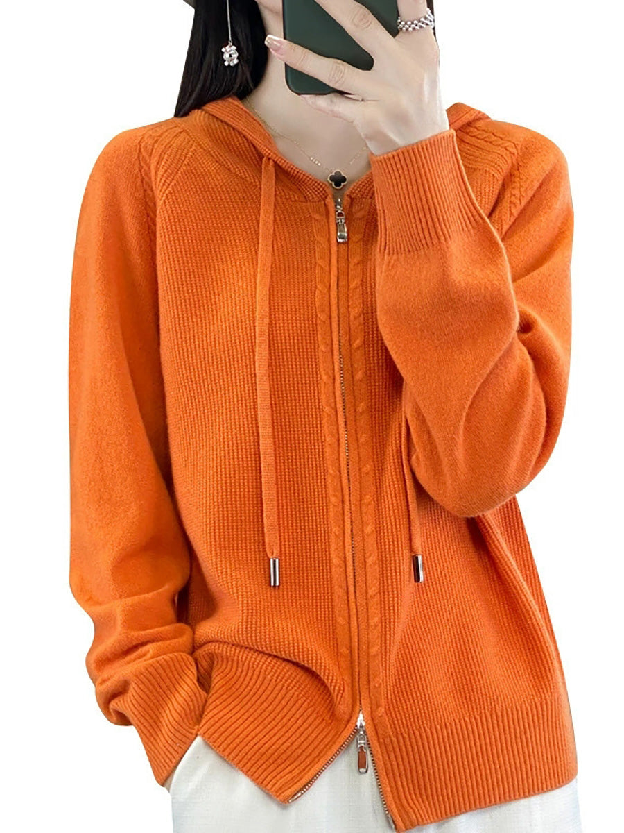 Women Autumn Casual Pure Color Hooded Sweater
