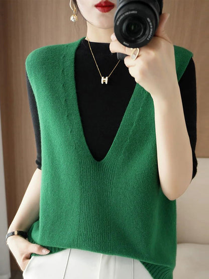 Women Autumn Casual Pure Color V-Neck Knitted Vest