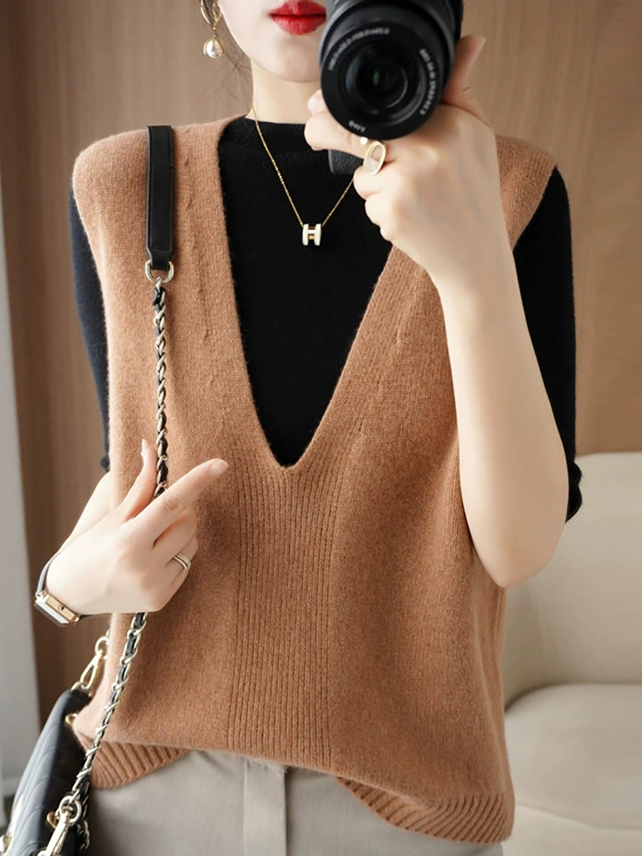 Women Autumn Casual Pure Color V-Neck Knitted Vest