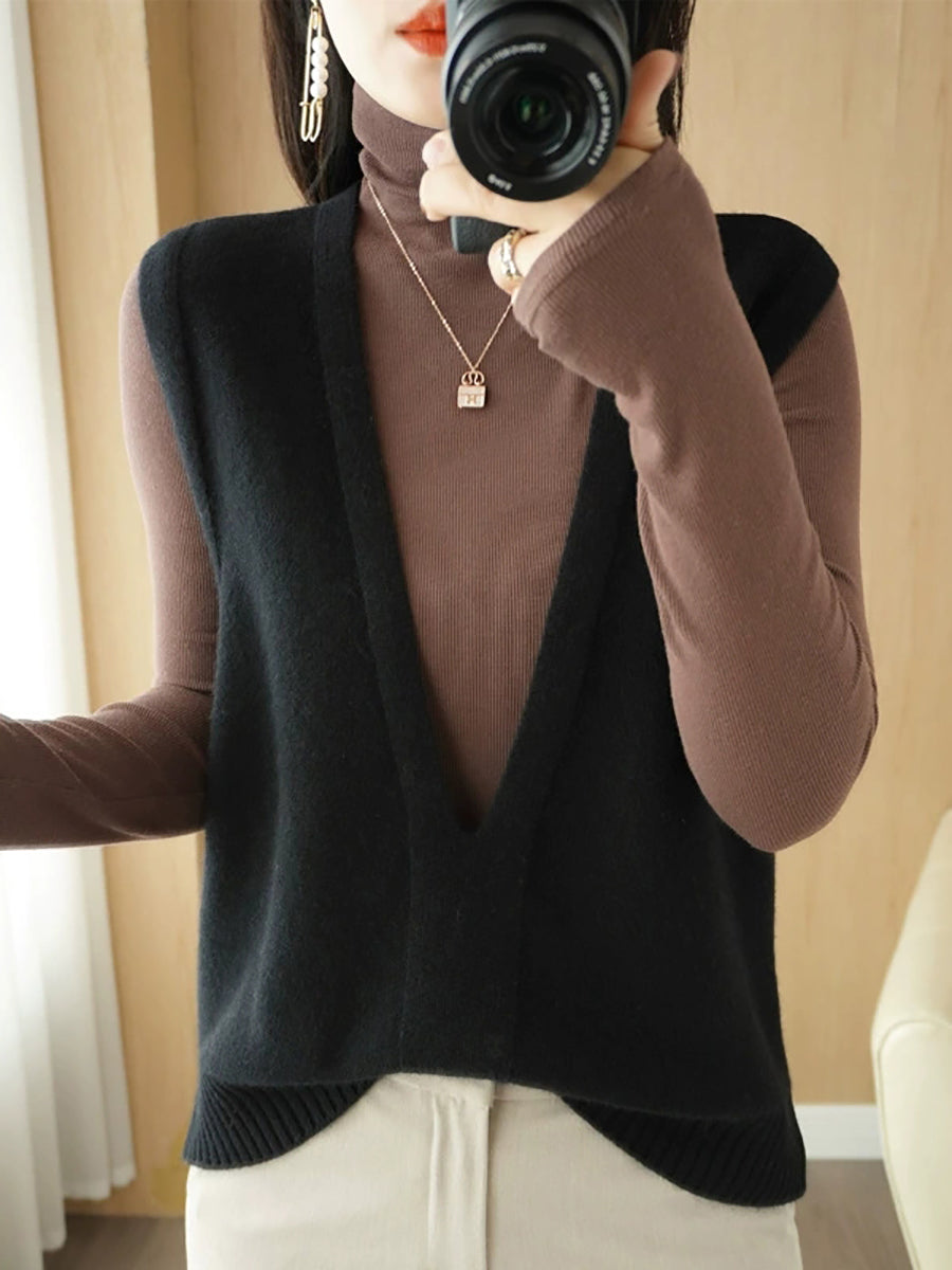 Women Autumn Casual Pure Color V-Neck Knitted Vest