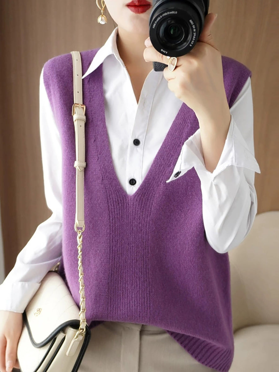 Women Autumn Casual Pure Color V-Neck Knitted Vest