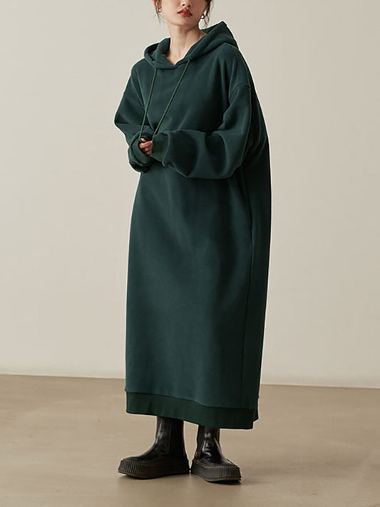 Plus Size Women Autumn Pure Color Fleece Hooded Dress