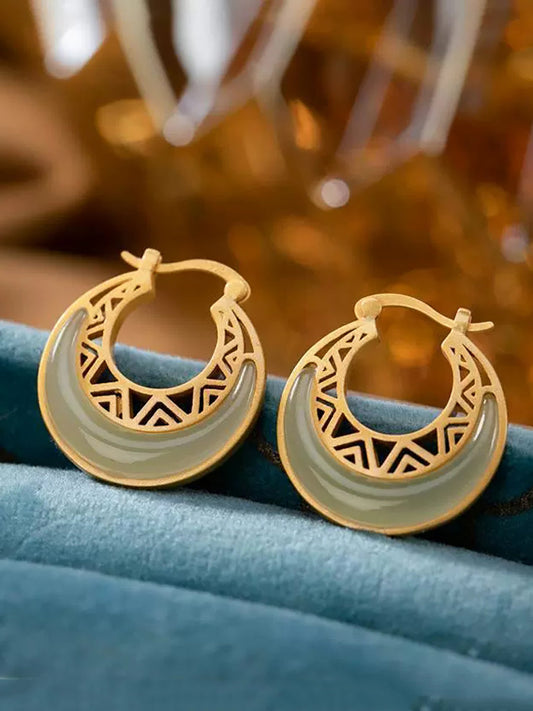 Women Vintage Jade Moon Alloy Earrings