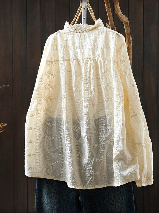 Plus Size Women Winter Artsy Stand Collar Embroidery 100%Cotton Shirt