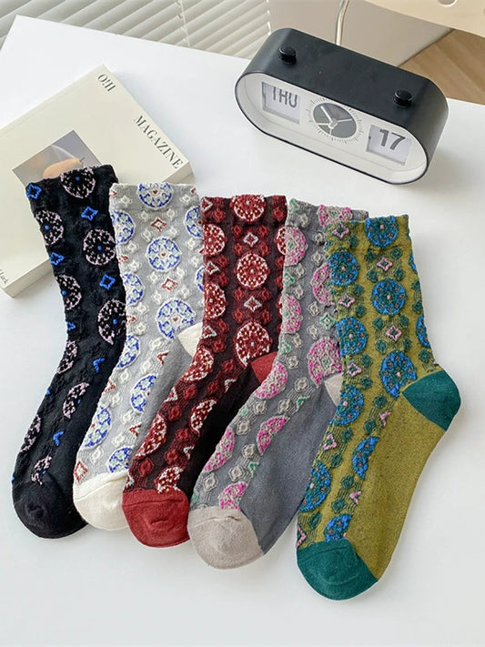 5 Pairs Women Vintage Circle Jacquard Cotton Socks