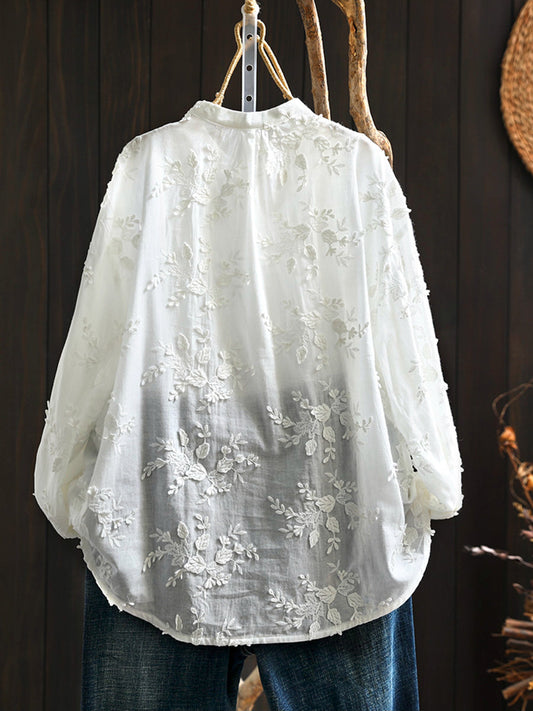 Plus Size Women Artsy 100%Cotton Embroidery Stand Collar Shirt