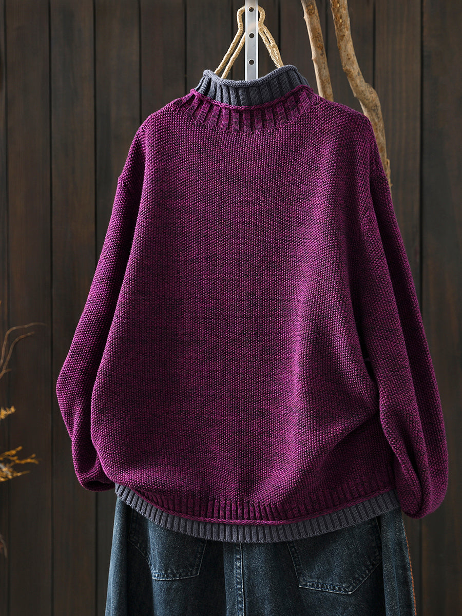 Women Autumn Artsy Colorblock Half-Turtleneck Sweater