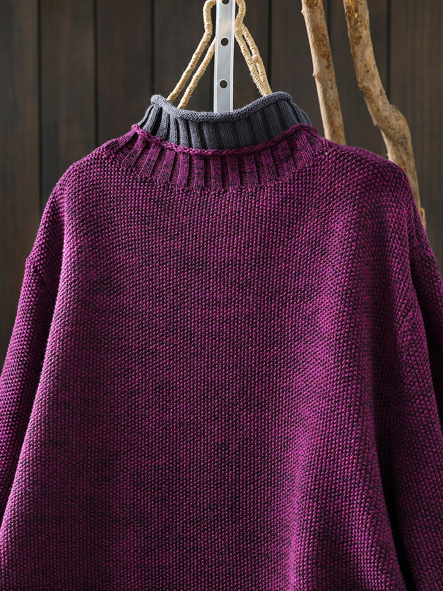 Women Autumn Artsy Colorblock Half-Turtleneck Sweater