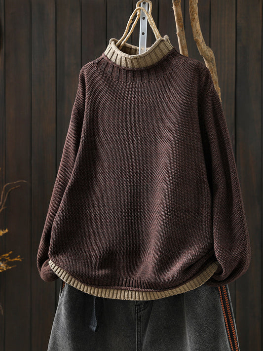 Women Autumn Artsy Colorblock Half-Turtleneck Sweater