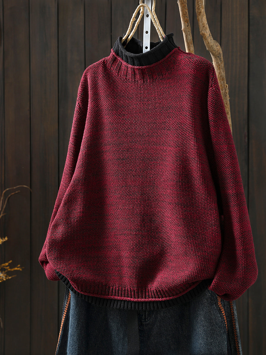 Women Autumn Artsy Colorblock Half-Turtleneck Sweater