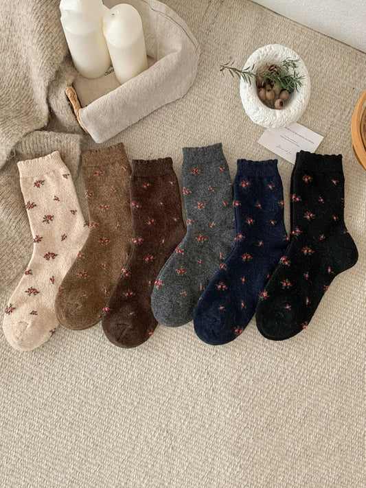 6 Pairs Women Winter Floral Jacquard Socks