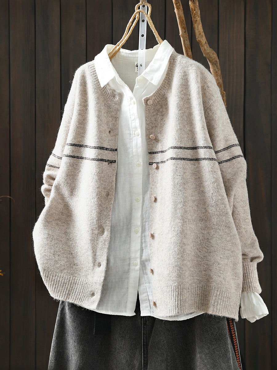 Women Autumn Artsy Stripe Knitted O-Neck Sweater