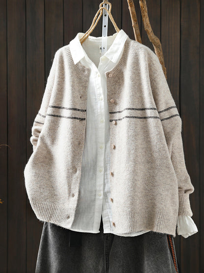 Women Autumn Artsy Stripe Knitted O-Neck Sweater