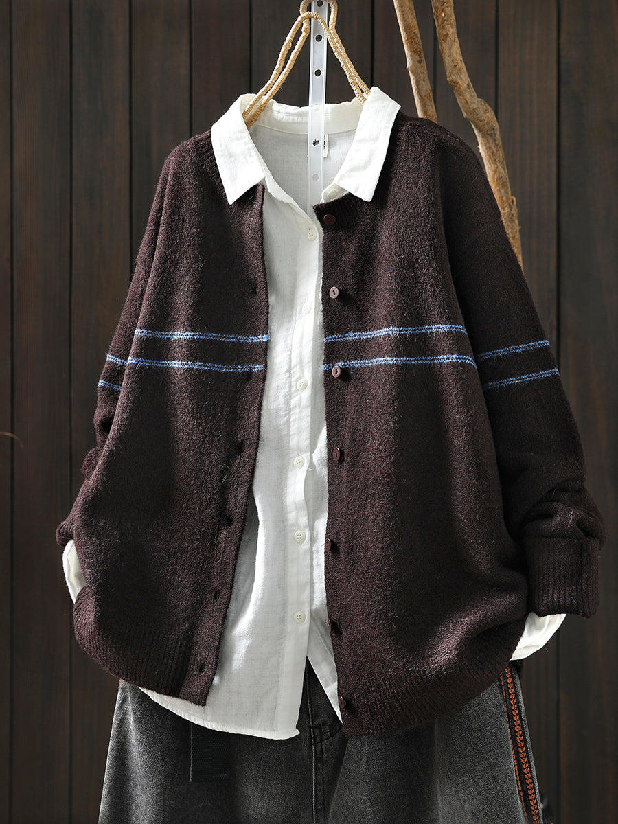 Women Autumn Artsy Stripe Knitted O-Neck Sweater