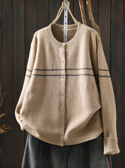 Women Autumn Artsy Stripe Knitted O-Neck Sweater