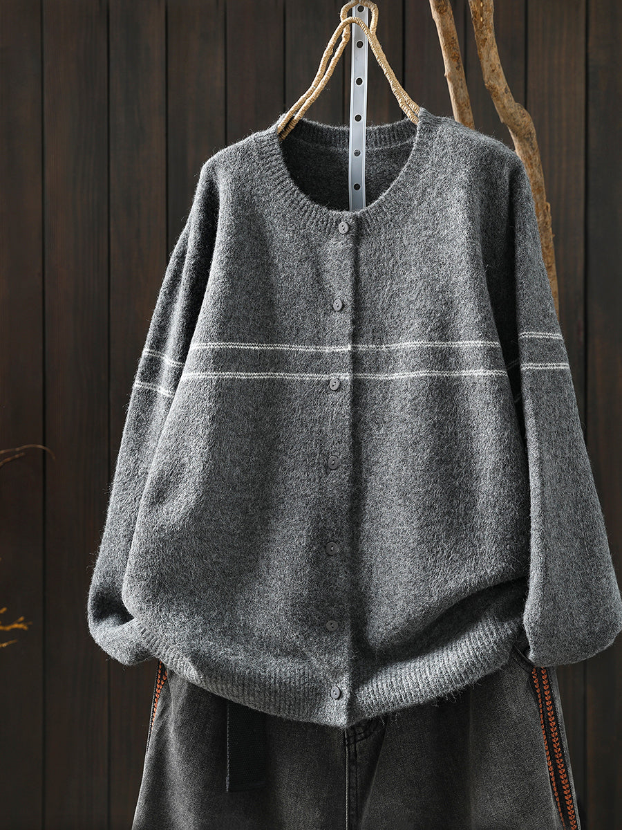 Women Autumn Artsy Stripe Knitted O-Neck Sweater