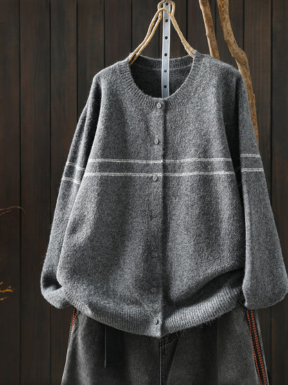 Women Autumn Artsy Stripe Knitted O-Neck Sweater
