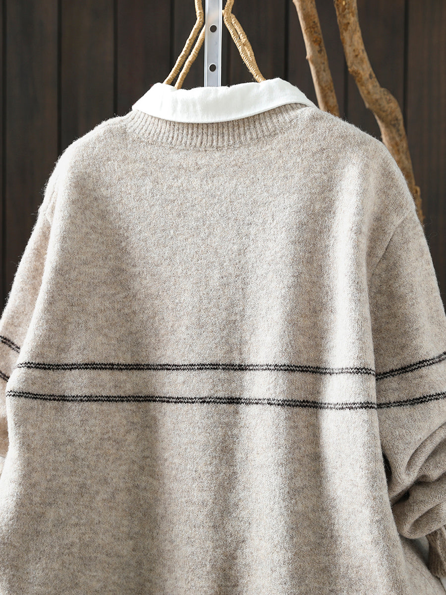 Women Autumn Artsy Stripe Knitted O-Neck Sweater