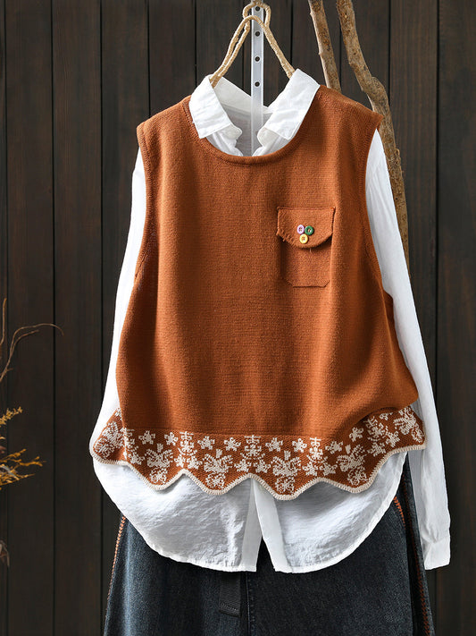Women Autumn Artsy Wave Hem O-Neck Knitted Vest