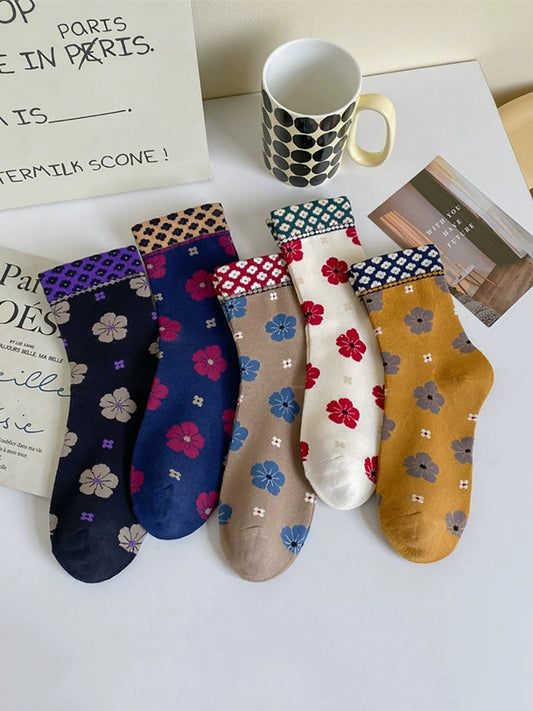 5 Pairs Women Artsy Flower Cotton Socks
