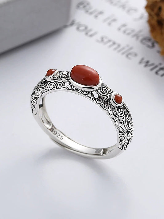 Women Vintage S925Silver Red Agate Adjustable Ring