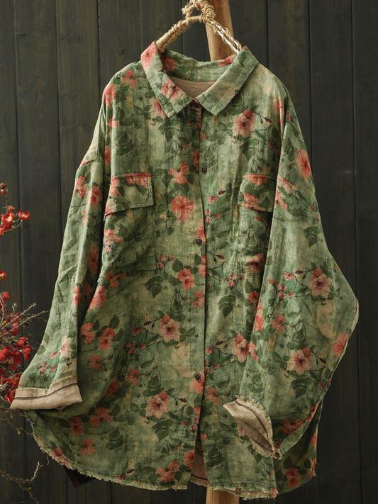 Plus Size Women Winter Artsy Floral Turn-down Collar Cotton Shirt