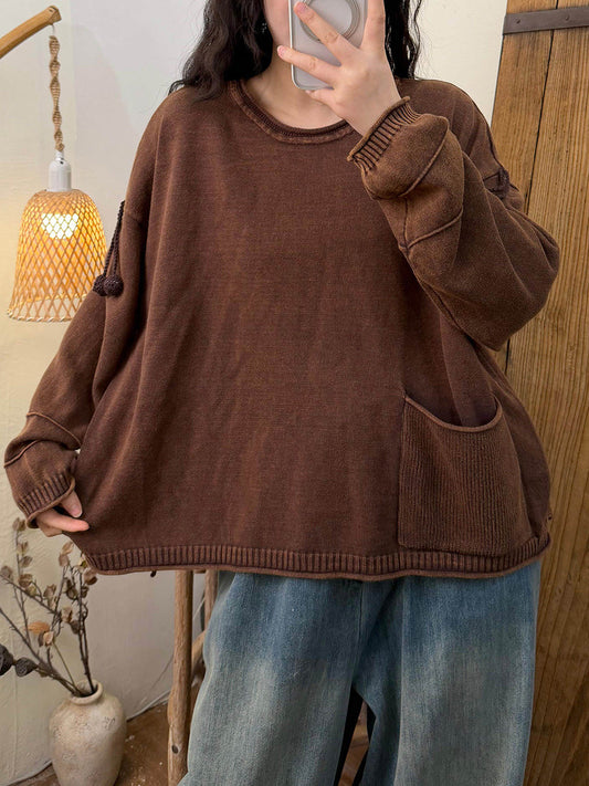 Women Retro Autumn Pure Color Pocket Cotton Blouse