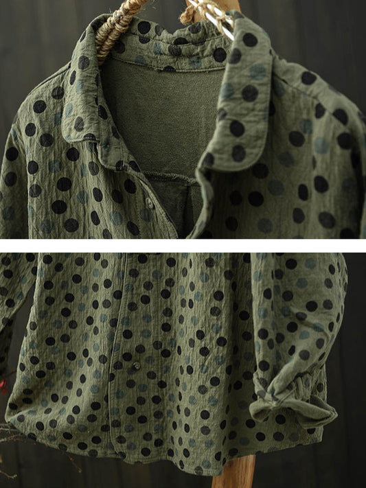 Plus Size Women Autumn Dot 100%Cotton Shirt