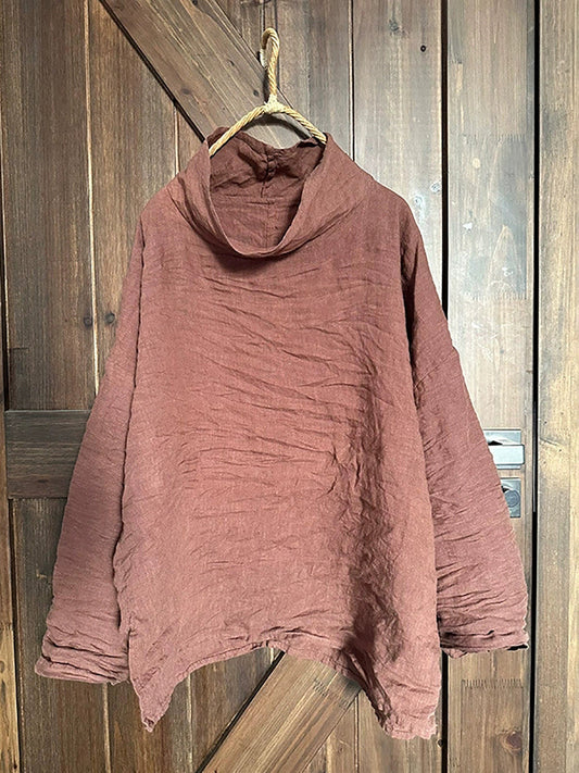 Plus Size Women Retro Spring Pure Color Linen Turtleneck Blouse