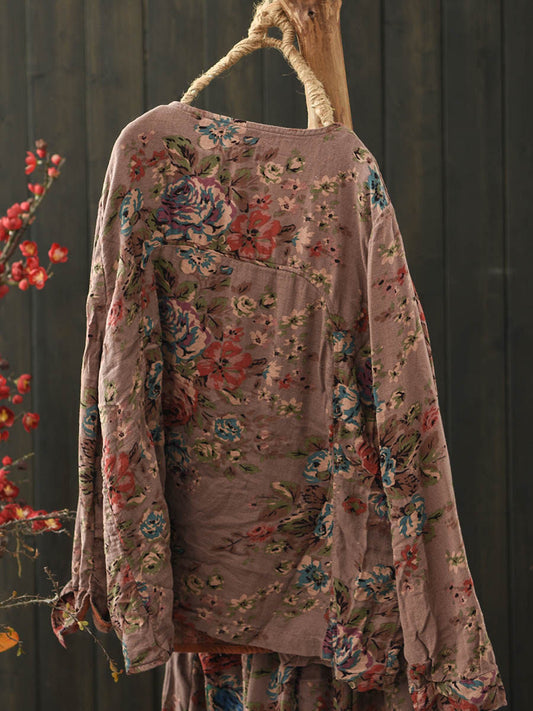 Plus Size Women Spring Retro Flower V-Neck Cotton Blouse
