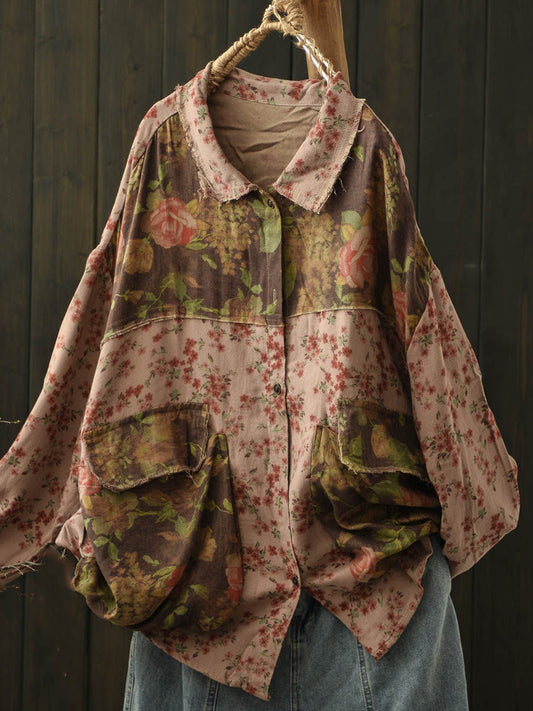 Women Spring Floral Spliced Turn-down Collar Cotton Shirt