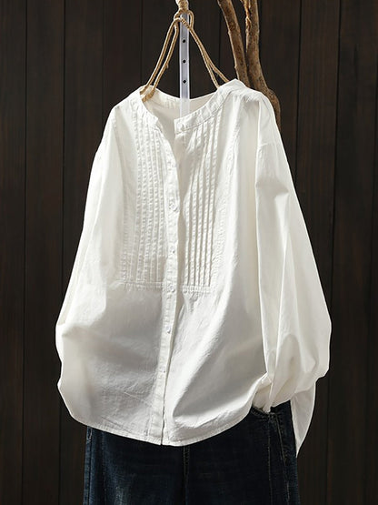 Plus Size Women Artsy Spring Shirred Stand Collar 100%Cotton Shirt