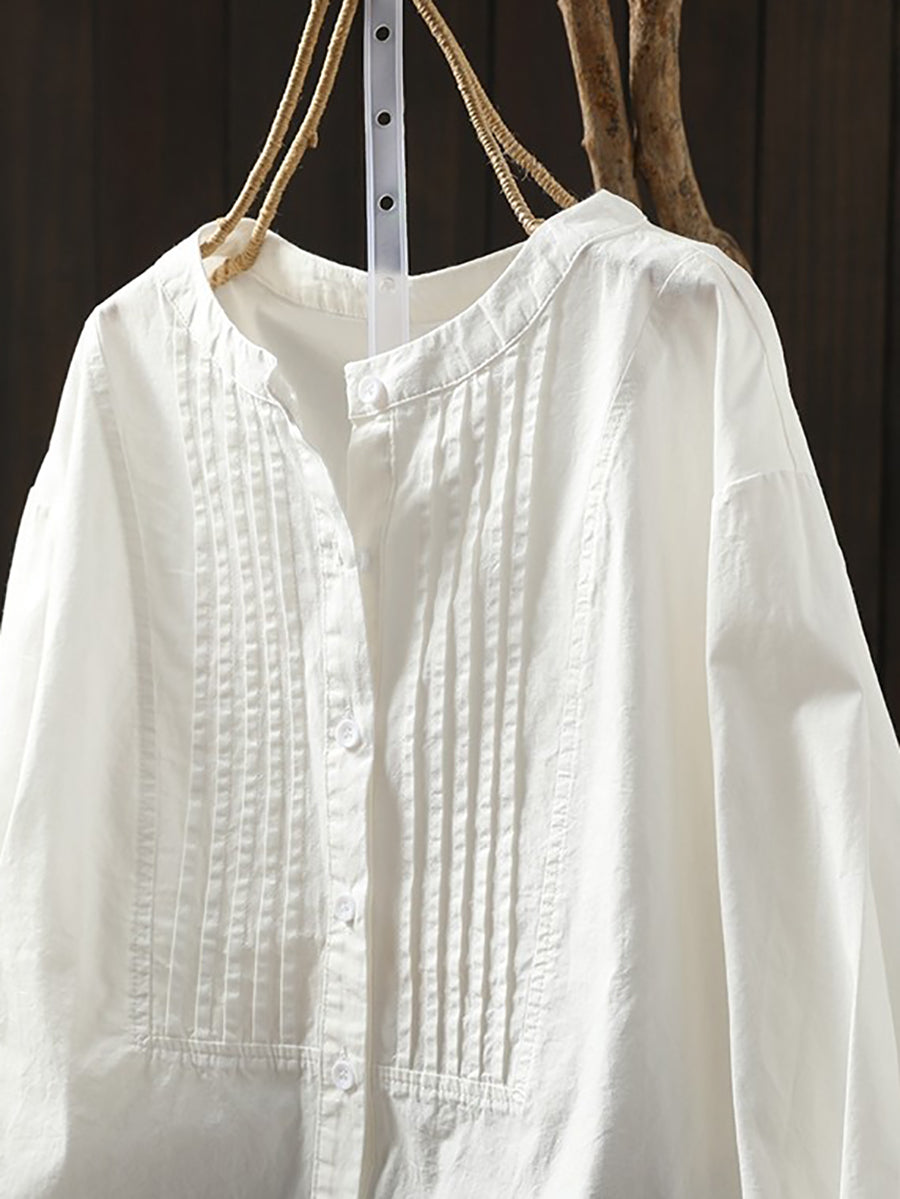 Plus Size Women Artsy Spring Shirred Stand Collar 100%Cotton Shirt