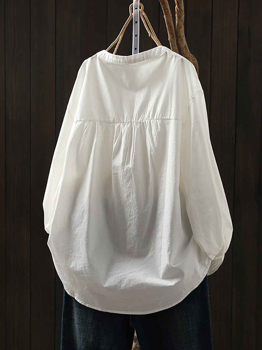 Plus Size Women Artsy Spring Shirred Stand Collar 100%Cotton Shirt