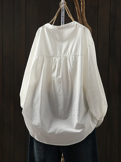 Plus Size Women Artsy Spring Shirred Stand Collar 100%Cotton Shirt